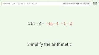 Solve 3(2n-1)+5n=-4(n-1)-2: Linear Equation Video Solution | Tiger Algebra