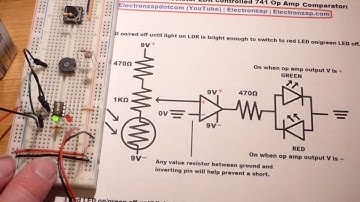 Light Dependent Resistor LDR controlled non inverting 741 op amp comparator circuit by electronzap