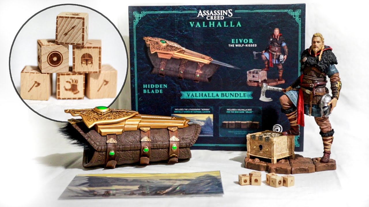 Assassins Creed Valhalla Bundle Unboxing  Review   Eivor statue Hidden blade  Dice set