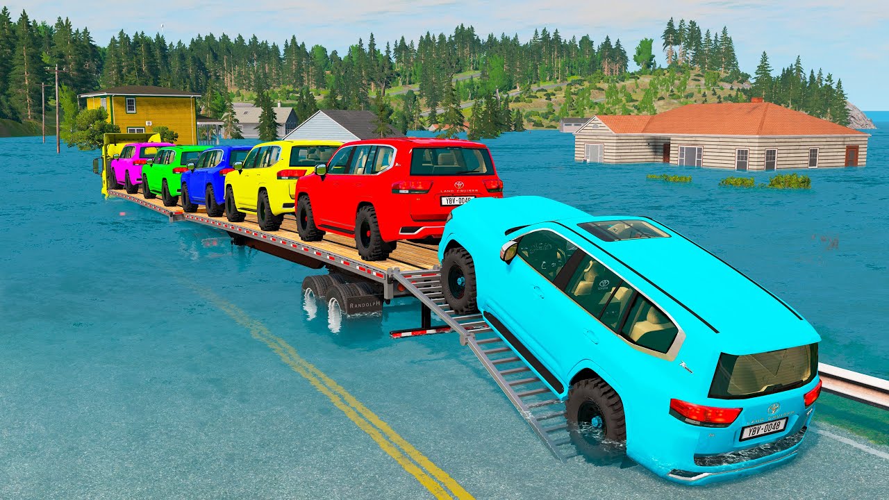Triple Flatbed Trailer McQueen Transportation with Truck - Speedbumps vs Cars vs Train - BeamNG 