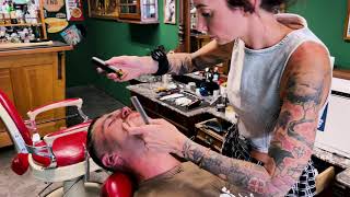 ASMR🪒 OMG 😱 Customer immediatly falls asleep while lady barber shaves him and gives a facial massage