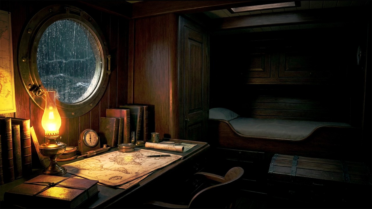 Stormy Ship Cabin Ambience 4K | Noir Jazz , Rain on Porthole & Book ...
