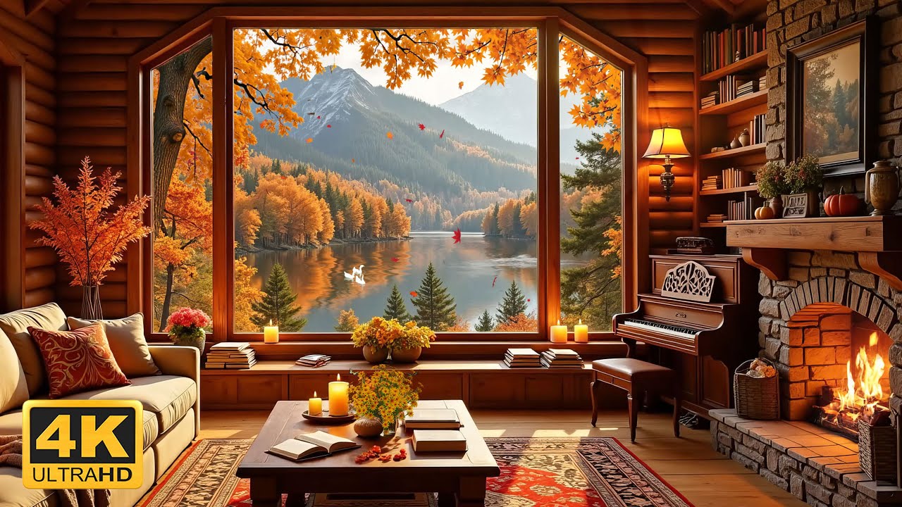 Autumn Lake Cabin 🍂 Peaceful Piano & Fireplace Ambience for Relaxation ...