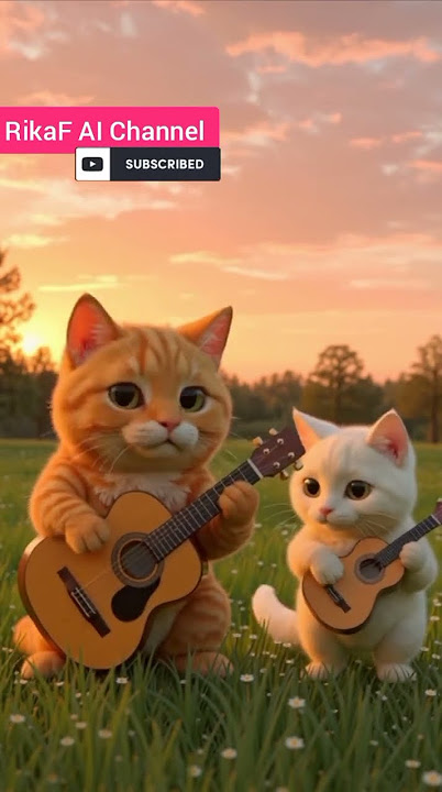 Orange cat ai is playing ukulele with his friends in park