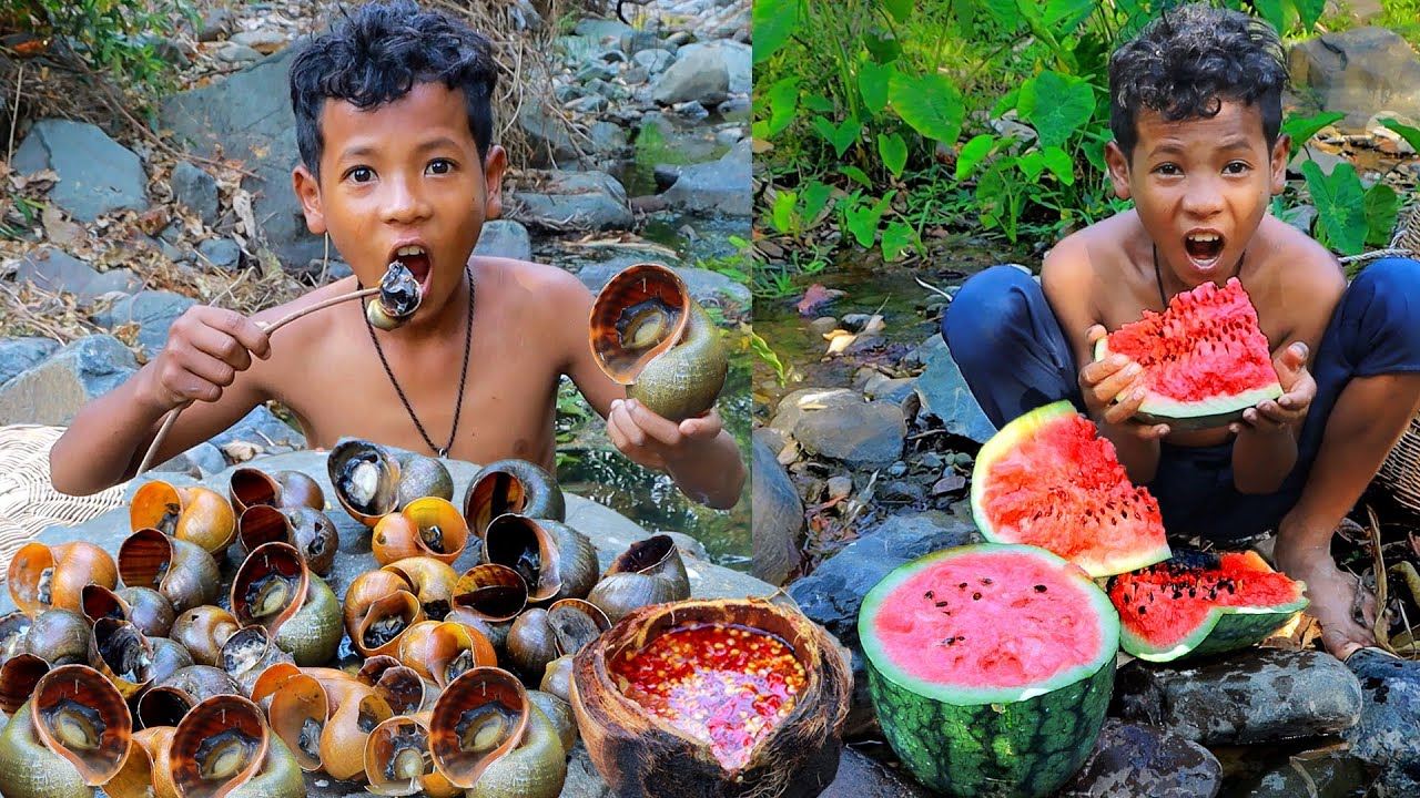 primitive technology Catch Snails eating watermelon at river Cook Snails Eating delicious