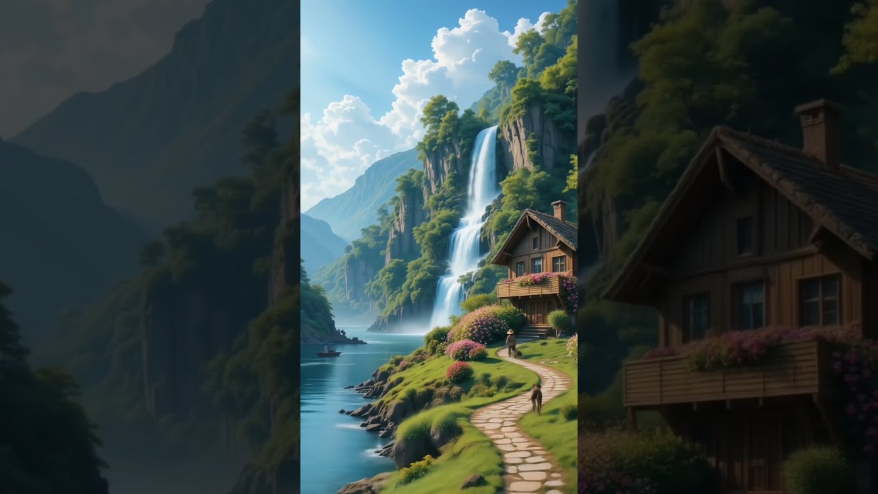 Mountain Retreat Waterfall And Blossoming Paradise
