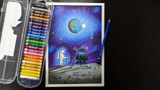 Astronaut on Moon | Oil pastel imagery step by step