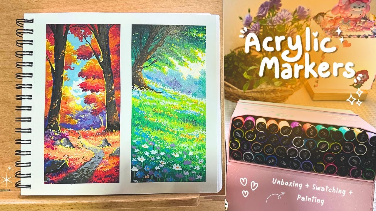 Arrtx Acrylic Markers Unboxing + Simple Landscape Painting for Beginners /Draw With Me /Cozy Art 🍂🌺✨