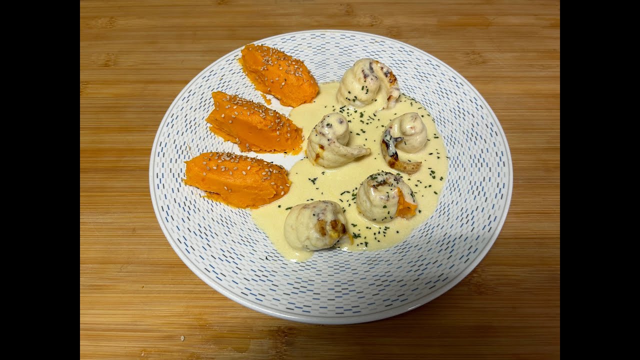 Popietas de lenguado con salsa al cava y parmentier de moniato