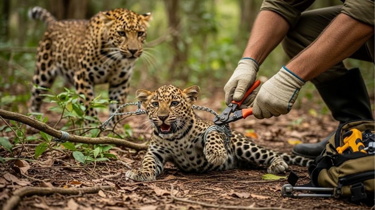 Spotted Leopard Cub Trapped by Poachers – Rescuing the Terrified Cub from a Tight Wire Snare