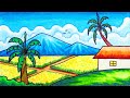 Easy Rice Fields Scenery Drawing | How to Draw Scenery of Paddy Fields with Oil Pastels