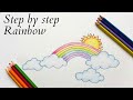 How to draw a rainbow with clouds and sun  step by step tutorial with coloring