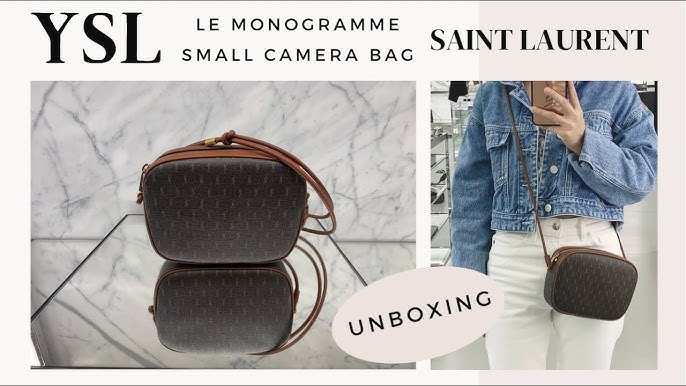 Shop Saint Laurent LE MONOGRAMME CAMERA BAG IN CANVAS AND SMOOTH