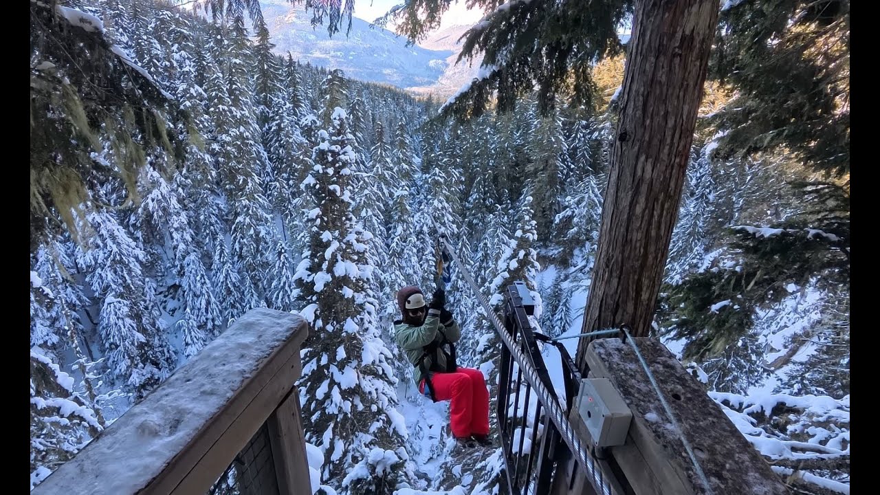 Whistler BC Zipline Ride (Ziptrek Ecotours Eagle Tour) Winter Adventure 4k Insta360