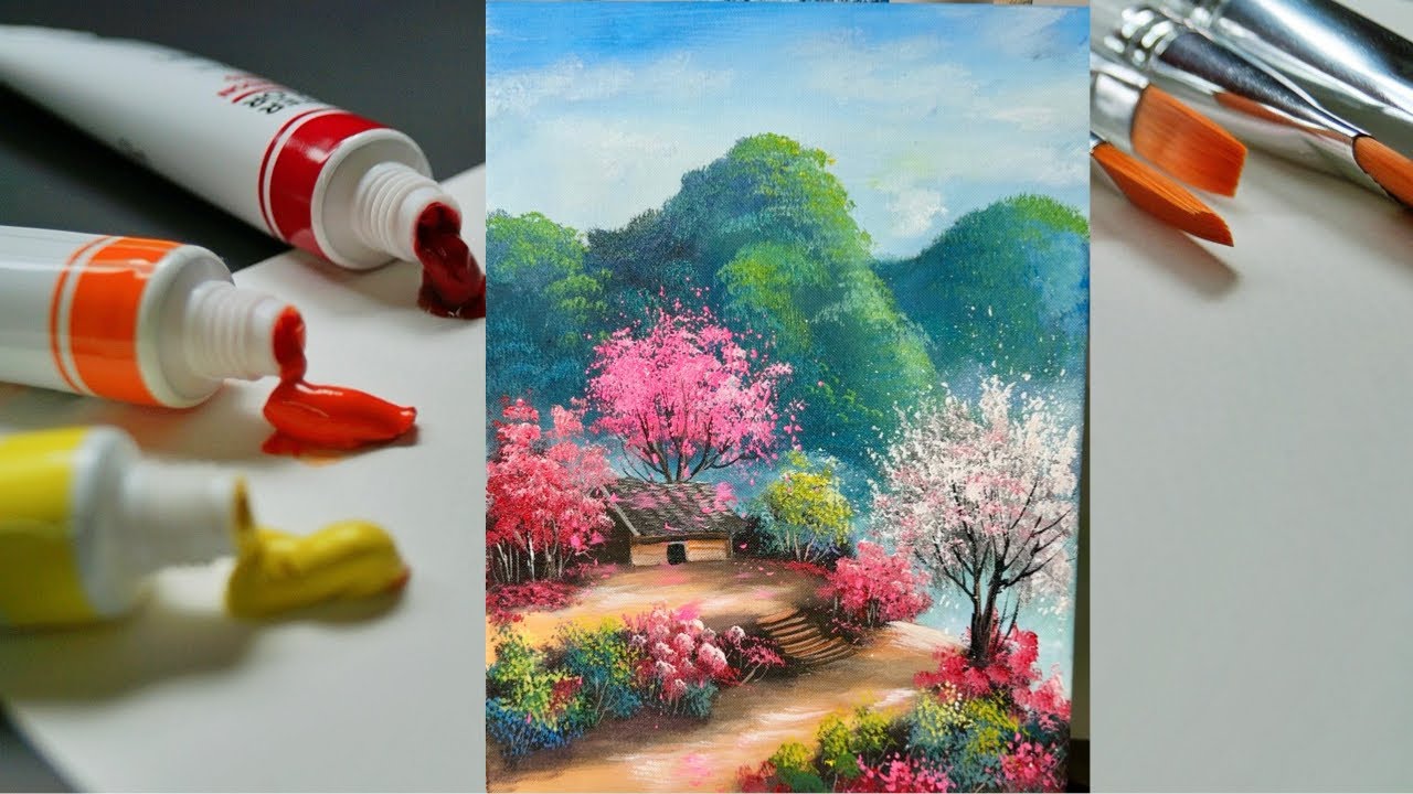 Step by Step Acrylic Painting Tutorial | Cherry Blossom Garden on High Mountain with Cozy House 