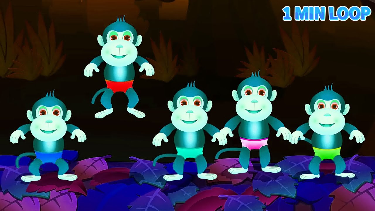 [1 MIN LOOP] Five Little Monkeys Playful🐒🛏️ Fun Kids Poem | Nursery Rhymes Cartoon @KidsGigglegroove