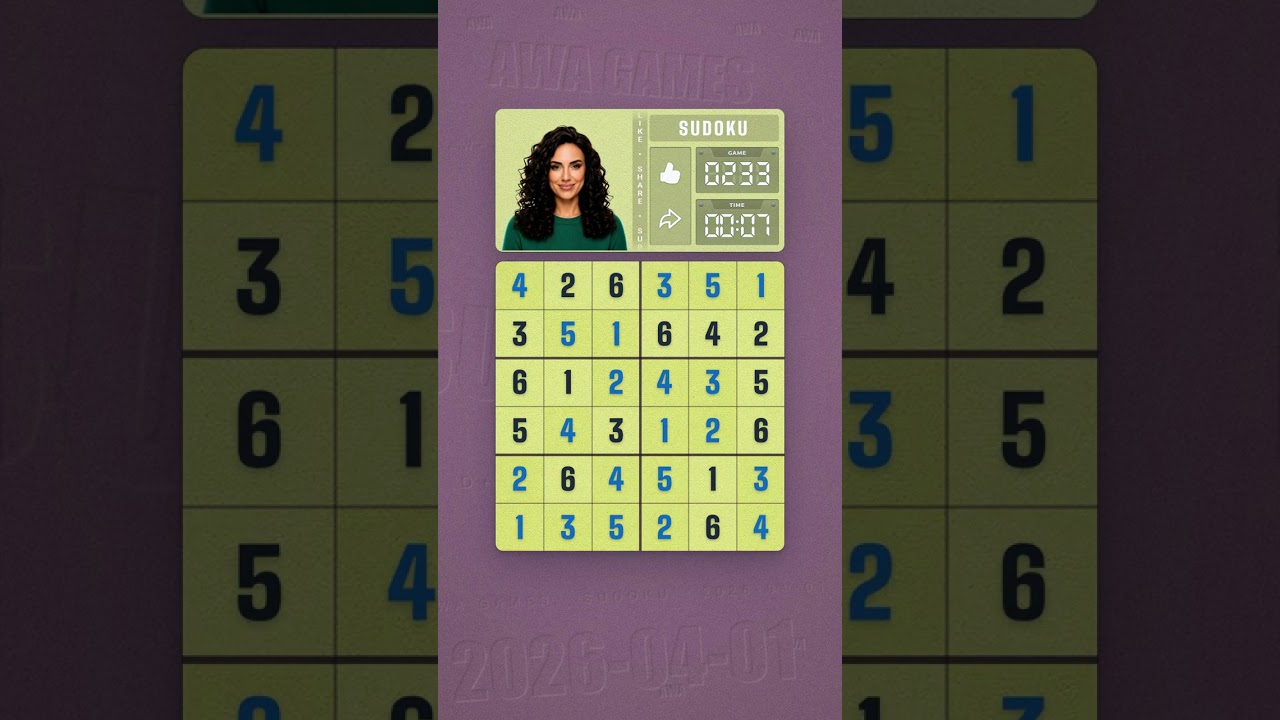 LinkedIn Mini Sudoku #233 solved board for April 1, 2026, 6x6 grid