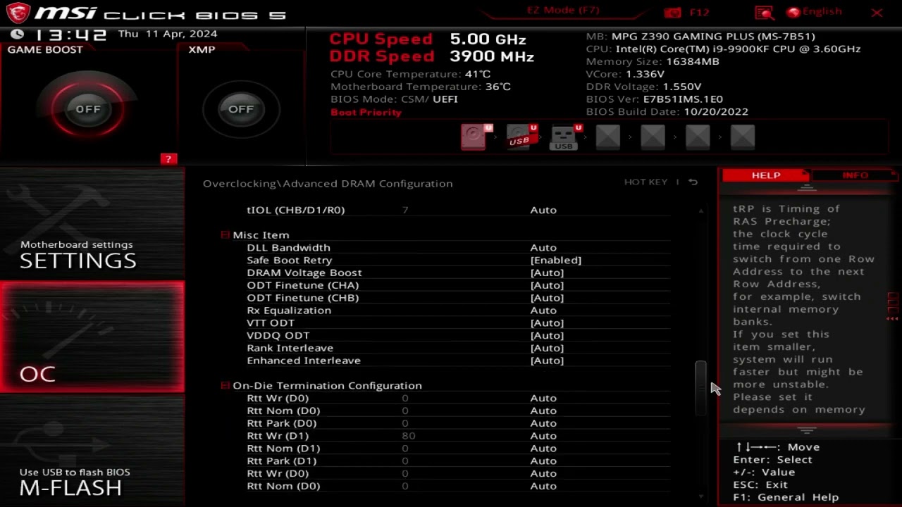 My BIOS settings for reference - MSI Z390 motherboard, Intel i9