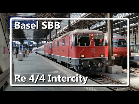 Dual RE4/4 with IC train departs from Basel SBB!