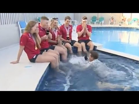 Watch Sports Reporter Hilariously Fall in Pool During Live Interview