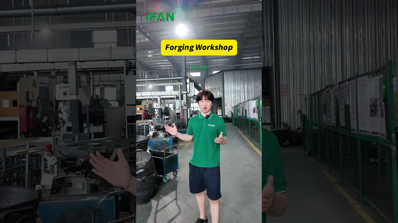 Still frame from IFAN factory footage showing the pipe production floor with extrusion lines and moulding equipment