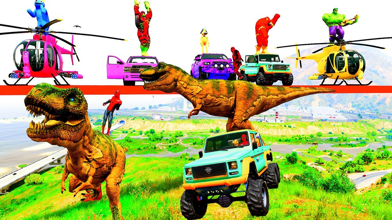 GTA Khủng Long Siêu Nhân Nhện, Dino Godzilla! Avengers Racing Cars King Spider Dinosaur T REX