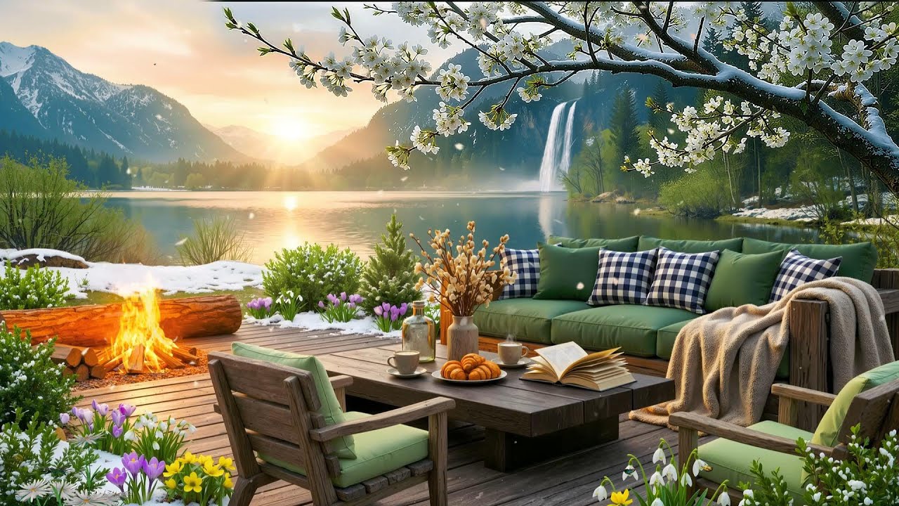 Calming Morning Jazz Music | Gentle Breeze Spring Outdoor Retreat Ambience with Campfire Lakeside
