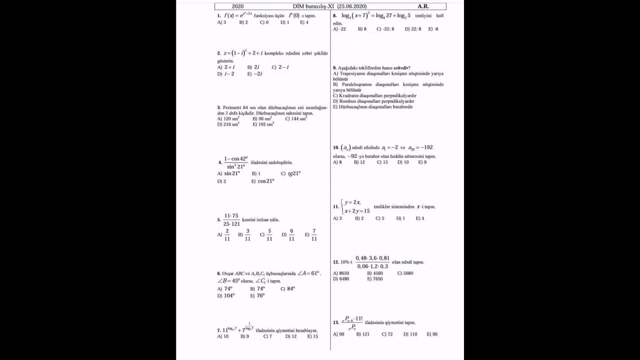 11sinif buraxl imtahann Riyaziyyat suallar       25 yun 2020ci il