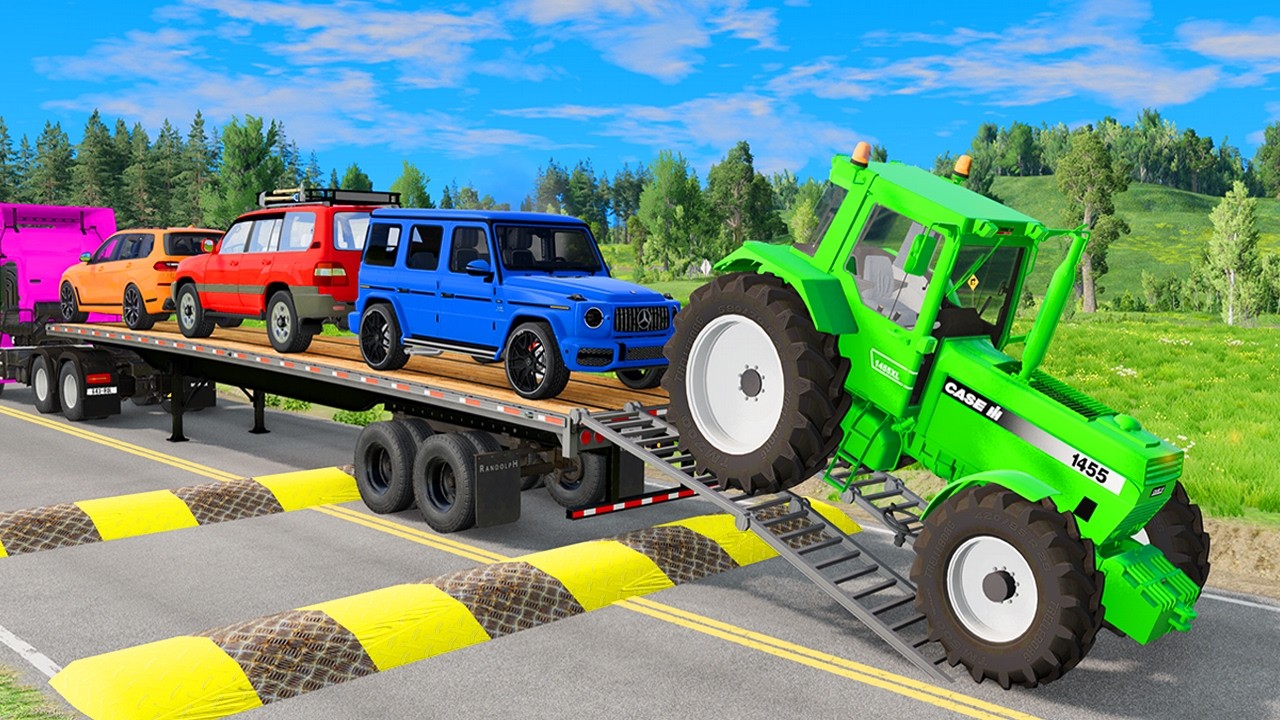 Flatbed Trailer McQueen Transportation with Truck - Speedbumps vs Cars vs Train - BeamNG.Drive #13