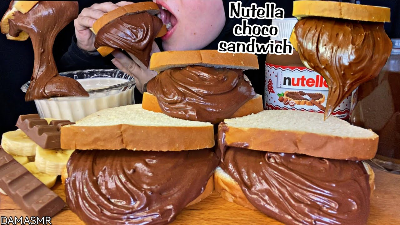 🍫Nutella. Перегрузить шоколадные бутерброды с молоком и бананом. Есть звуки. Десерт.🤤