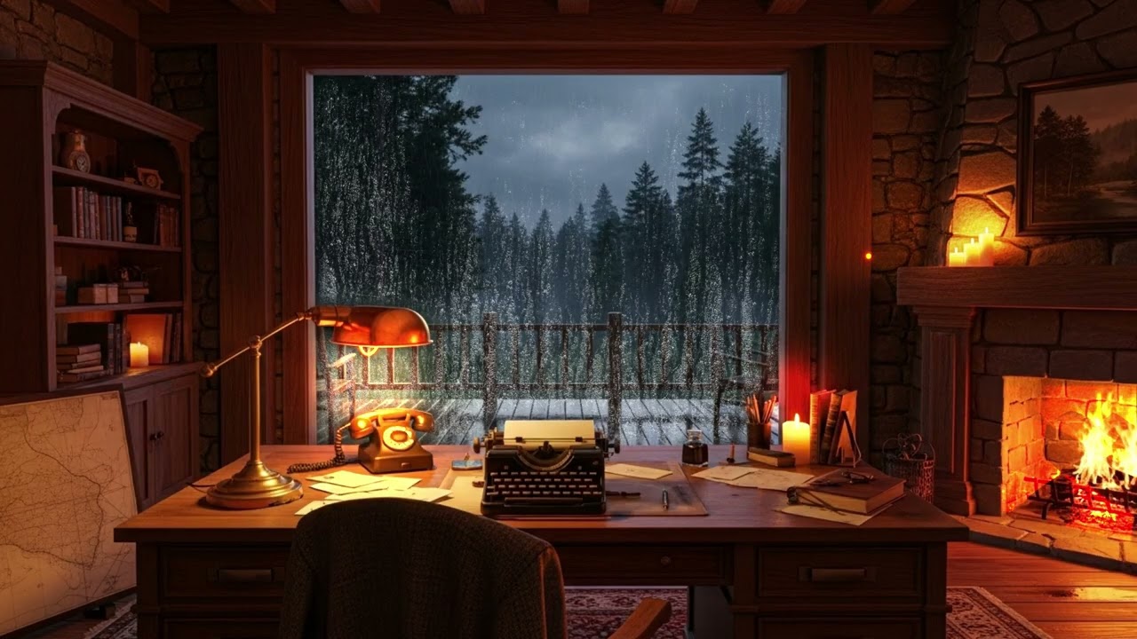 Smooth Piano & Swing Jazz 1940s | Rainy Cabin Fireplace Ambience for Deep Relaxation