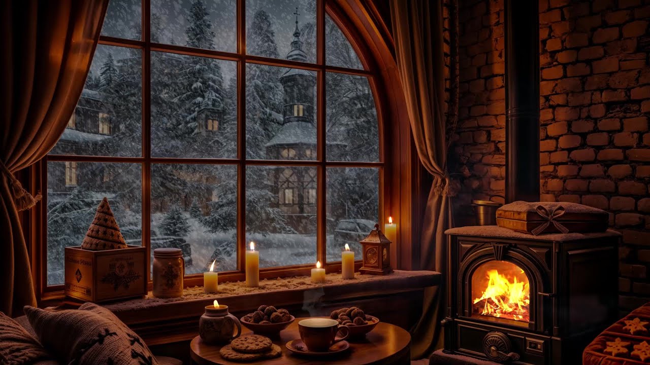 Relaxing Winter Snowfall by the Window on Cozy Cabin Ambience - Fireplace Sounds for Sleep & Focus