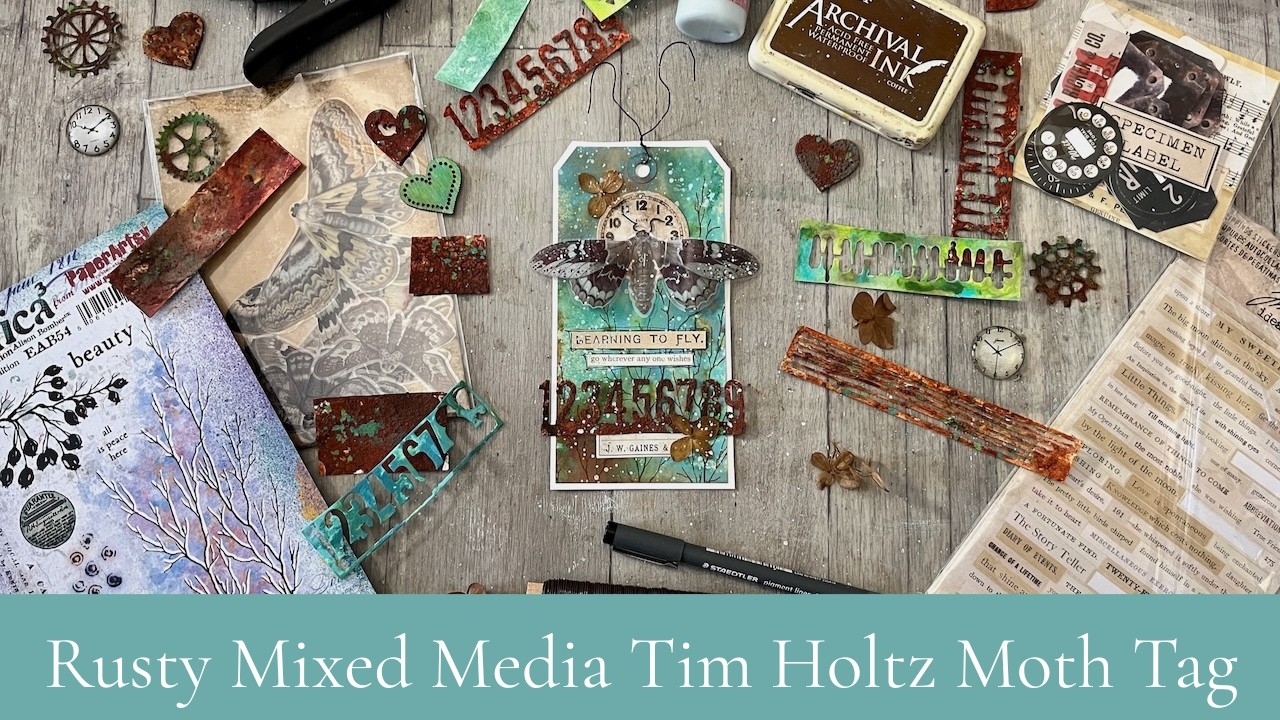 Rusty Copper Patina Mixed Media Moth Tag with ephemera and diecuts