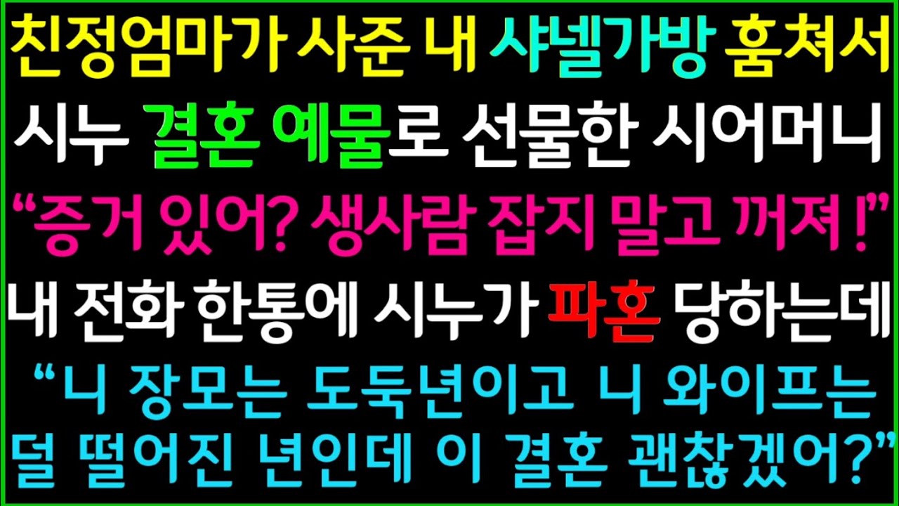 (사이다사연)친정엄마가 사준 내 샤넬가방을 훔쳐서 시누 결혼 예물로 선물한 시어머니, 분노한 내 전화 한통에 시누가 파혼 당하는데.../드라마라디오/사이다실화사연