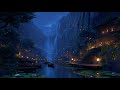 Rainy Night Waterfall Village 🌧️ Boats, Lotus, Fireflies & Chill Lofi Beats | Sleep, Study, Relax