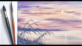 Morgaine's Beginners Watercolor Sunset Lake EVENING LIGHT Landscape Painting tutorial Watercolour