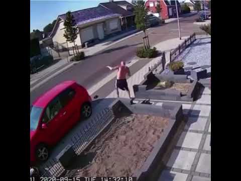 Guy crashes into fence on moped - YouTube