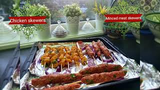 Simple dinner chicken skewers and minced meat skewers with salad and potato salad??