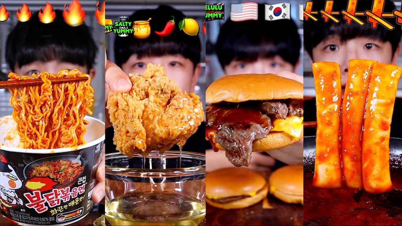 ASMR MUKBANG FIRE NOODLES FRIED CHCIKEN CHEESE BURGER (NO BGM)