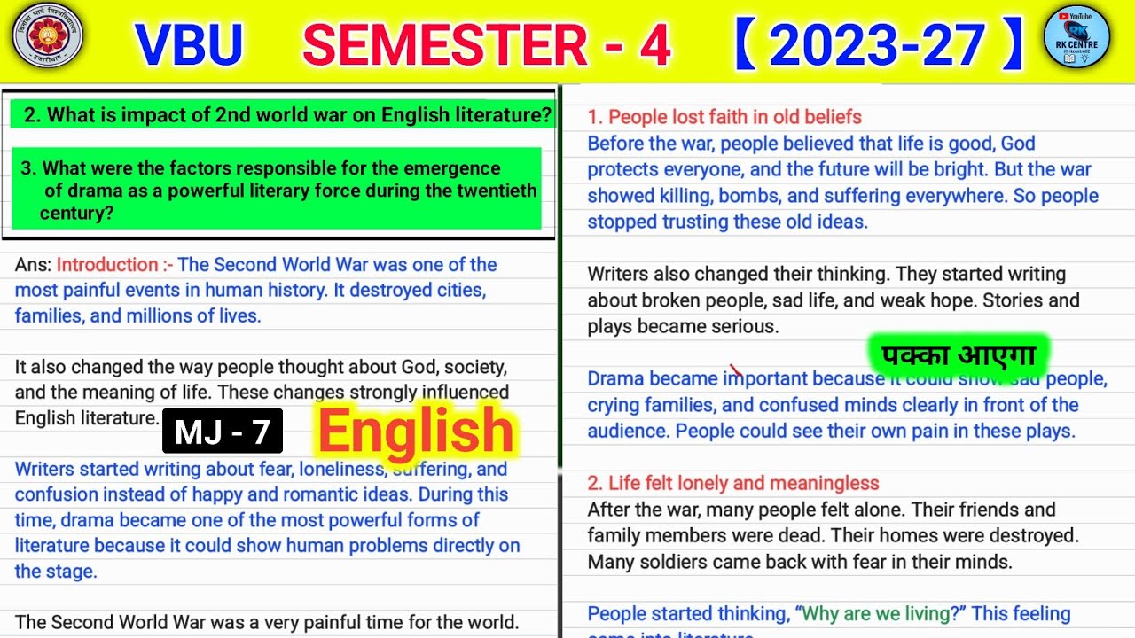 What is impact of 2nd world war on English literature? major 7 english semester 4 important question