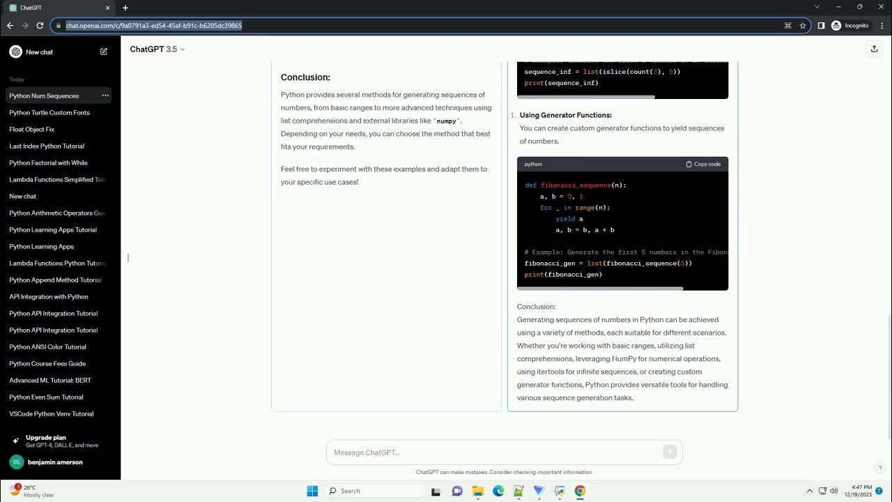 Generate sequence of numbers in python youtube
