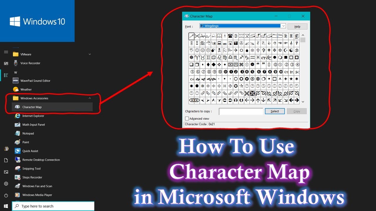 How To Use Character Map In Windows 10 8 1 8 7 Xp Tutorial Youtube