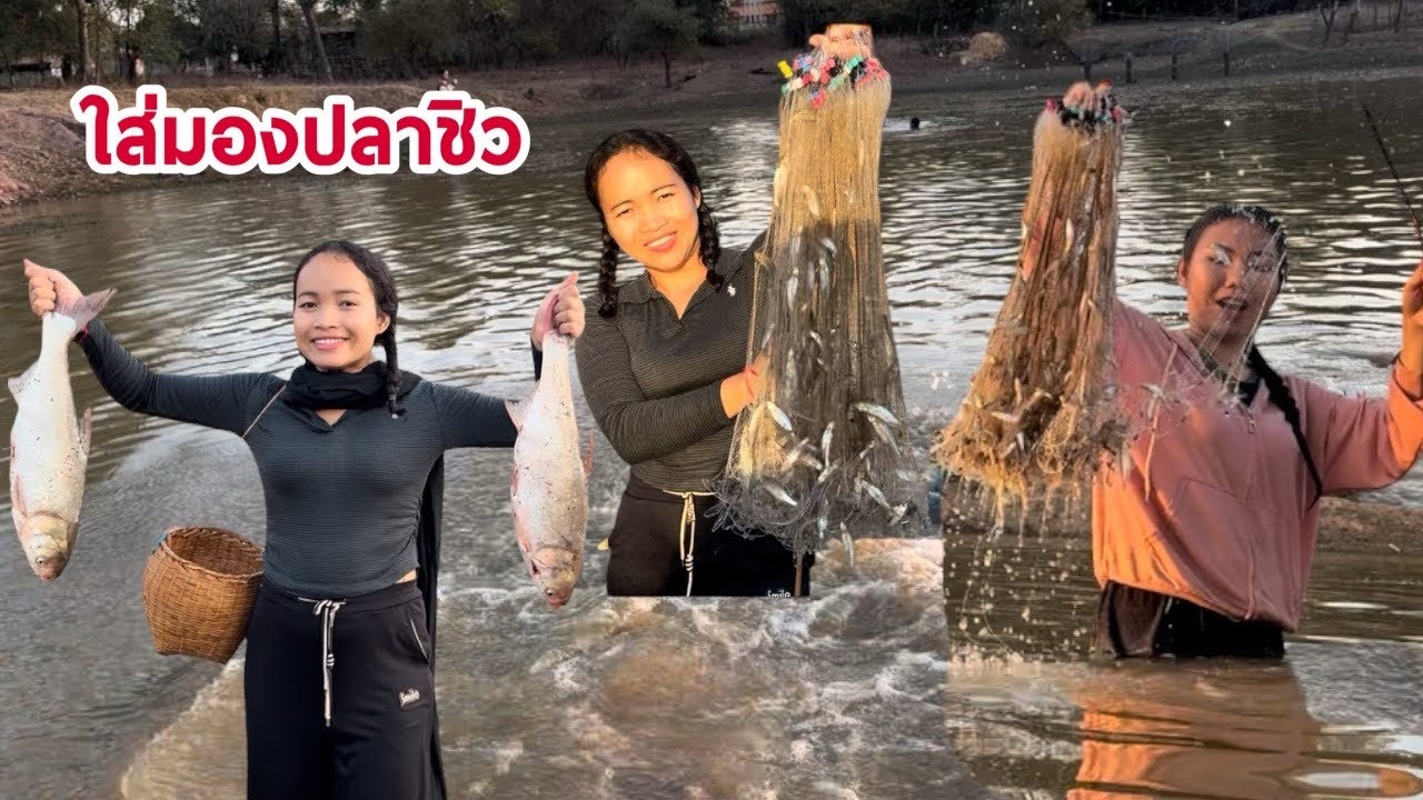 ສອງສາວໃສ່ມອງເອົາປາຊິວໃຫຍ່🇱🇦Using A Net To Catch Small Fish สองสาวใส่มองเอาปลาชิวใหญ่