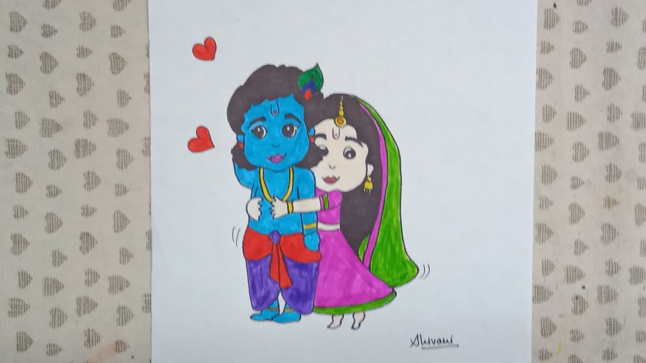 How to draw Little Radha Krishna || Lord Radha Krishna drawing easy step by  step with colour 😍✨ - YouTube