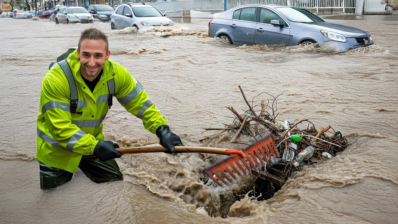 Major Road Flood Drained By Storm Drain Unclog