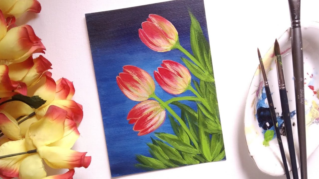 Acrylic Painting Tutorial | How to Paint a Tulip with Acrylics | ടുലിപ് ...