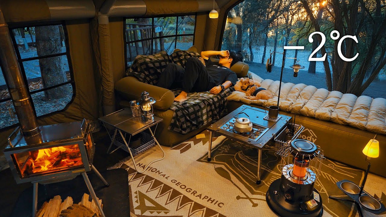 -2℃ Кемпинг в лесу с собакой . Надувная палатка . Дровяная печь ASMR