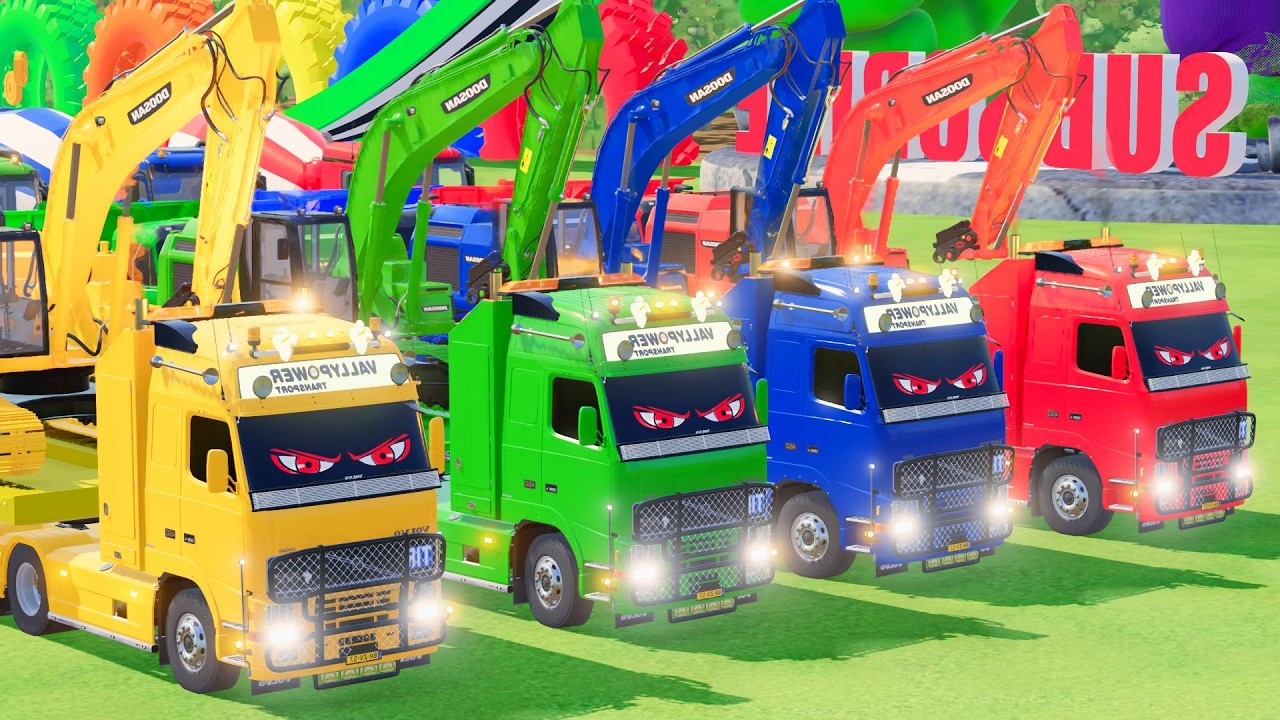 Quadruple Trucks Transporting cars with Flatbed Trailers! Cars vs Speedbump vs Train vs Pothole #197