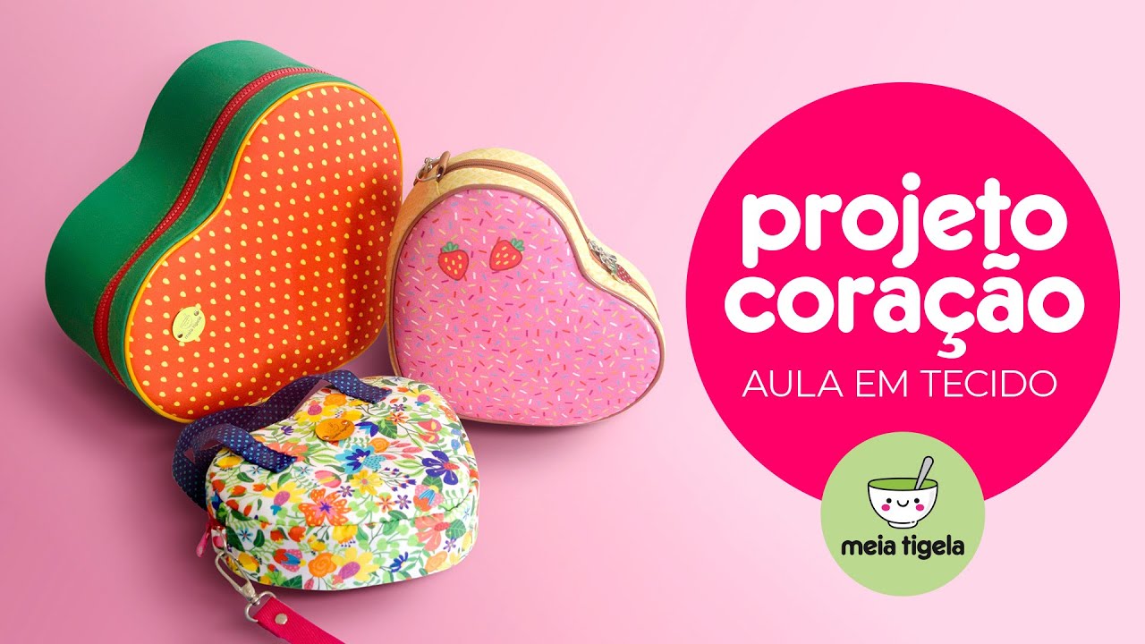 Bolsa e frasqueira em formato de coração - AULA EM TECIDO