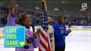 Blues fans join Eva Millar-Galvan for incredible anthem on Veterans Day